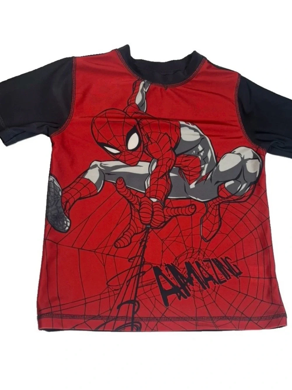 Marvel Spider-Man Boys Swim Set Size 7 Shirt & Swim Trunks Gray Red 2-Piece